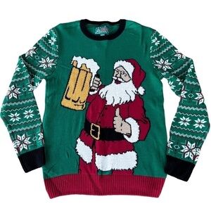 Santa Thumbs Up Cheers Beer Ugly Christmas Sweater Fair Isle Long Sleeve Med NWT